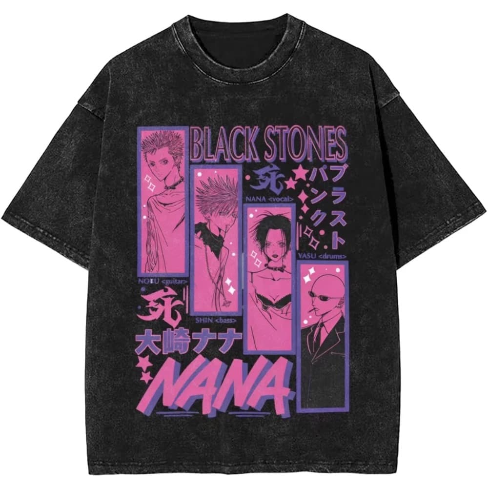Men Women's Manga Black Stones Nana Vintage Washed T Shirts