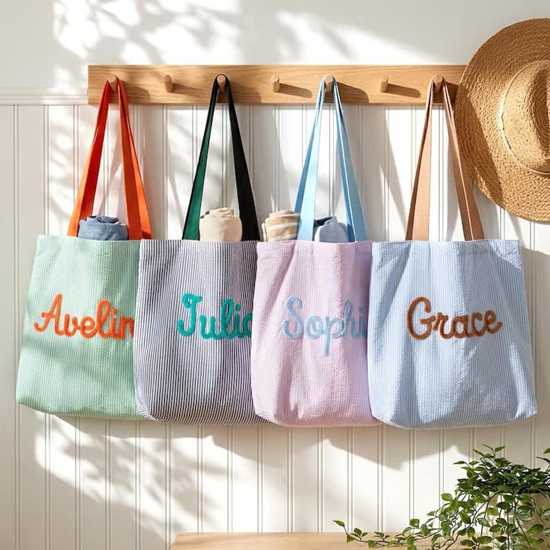 Etsy personalized hand embroidered bag tote bag striped small fresh contrast color commuter bag large capacity canvas bag