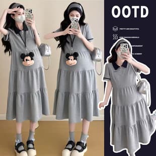 Maternity Dress 2026 New Summer Polo Collar Short Sleeve Loose Plus Size Slimming Shirt Dress for Pregnancy