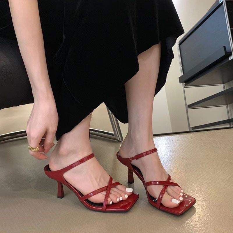 Patent Leather Red High Heel Sandals for Women, Pointed Toe, Thin Heel, One-Strap, Sexy Outdoor Slippers, 2025 Summer New Arrival