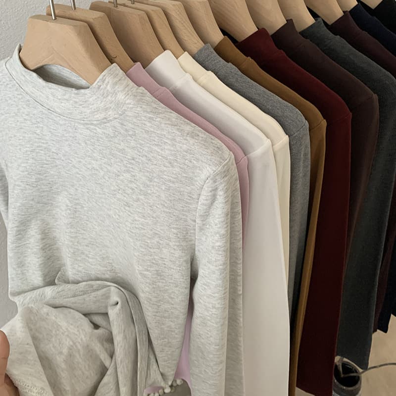 Omalai basic small stand-up collar solid color right shoulder slim fit inner fleece long-sleeved bottoming shirt T-shirt 5514