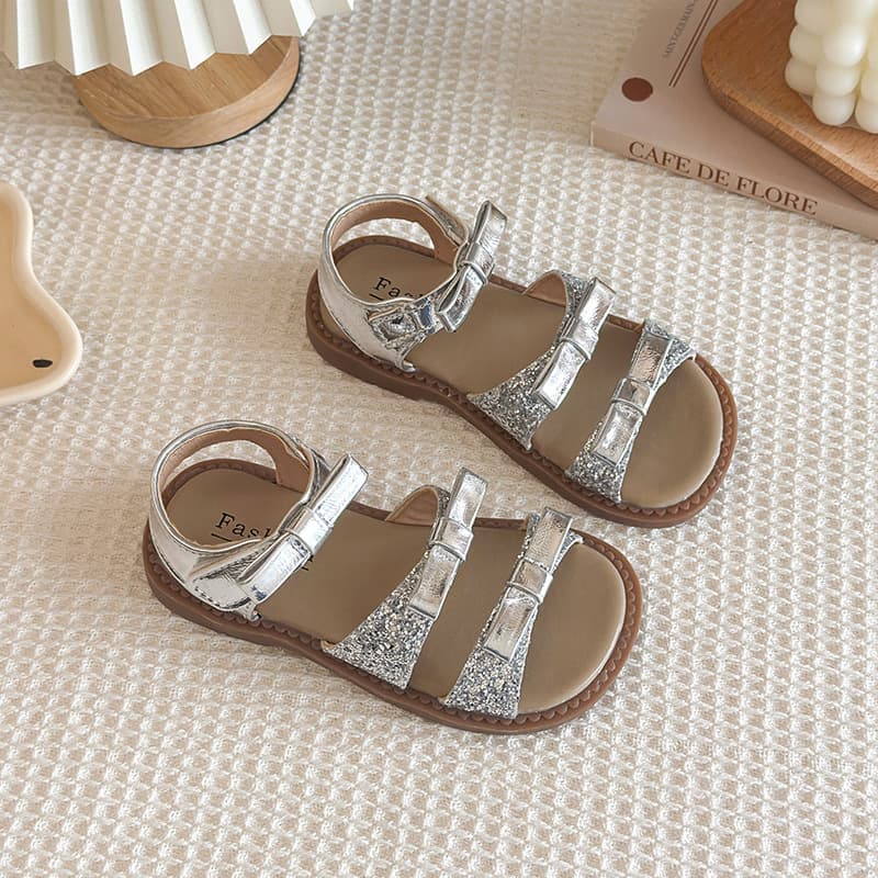 Girls Bow Princess Shoes 2026 Summer Kids Sequin Open-toe Sandals Baby Girl Soft Sole Lightweight Beach Shoes