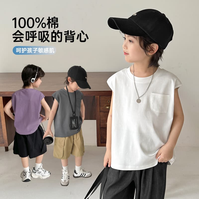 Haima Kids 2026 Summer New Boys' Cotton Sleeveless Vest T-Shirt Thin Clothes for Older Kids