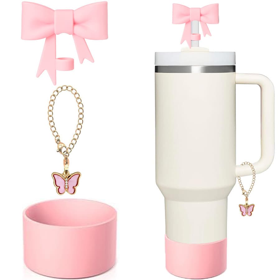 Stanley Cup Accessories Set Bow Straw Topper Glitter Silicone Cup Sleeve Cup Protector 3-Piece Set