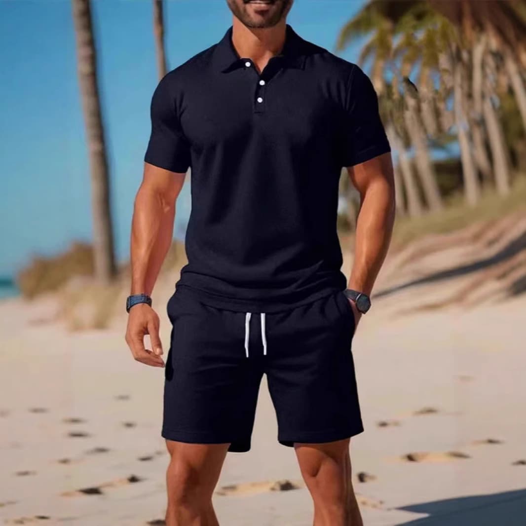 Linen Navy Blue Solid Color Polo Shirt and Shorts Set for Men, Summer Casual Turn-Down Collar Short-Sleeve Five-Point Pants Two-Piece Set Wholesale
