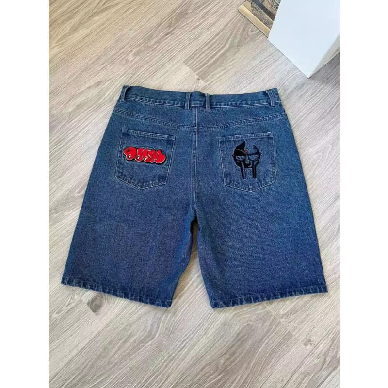 Y2K Hip Hop Gothic Cartoon Pattern Denim Shorts, Summer New High Waist Men's Basketball Shorts
