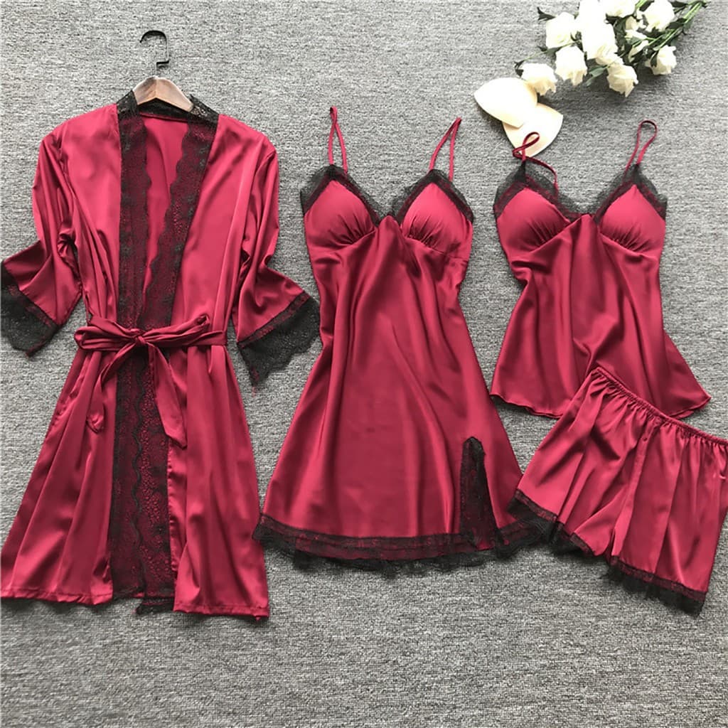 Sexy Women's Four-Piece Lingerie Set Korean Style Strap Sleepwear Homewear Chest Pad Robe 2103