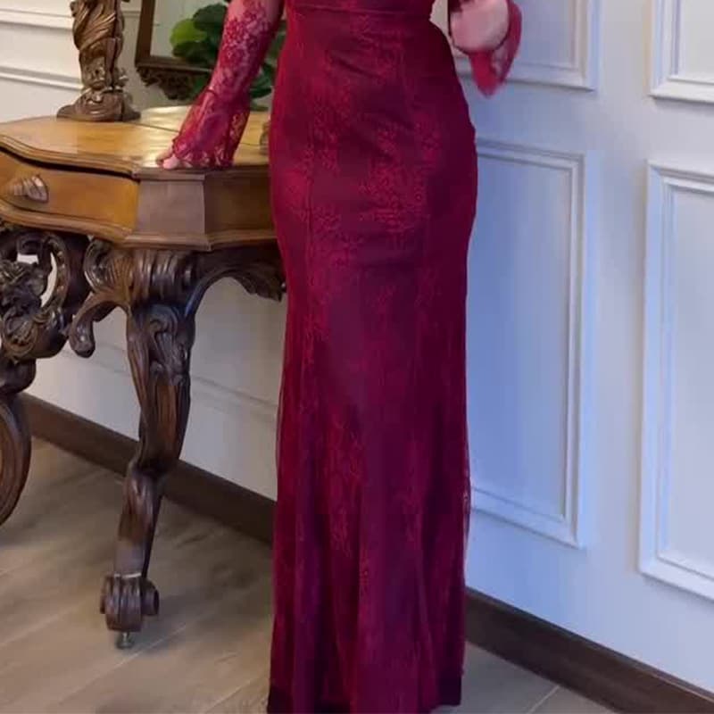 2025 Cross-border Women's Dress for EU/US Amazon Lace Square Neck Waist-Hugging Bodycon Red Sexy Elegant Dress
