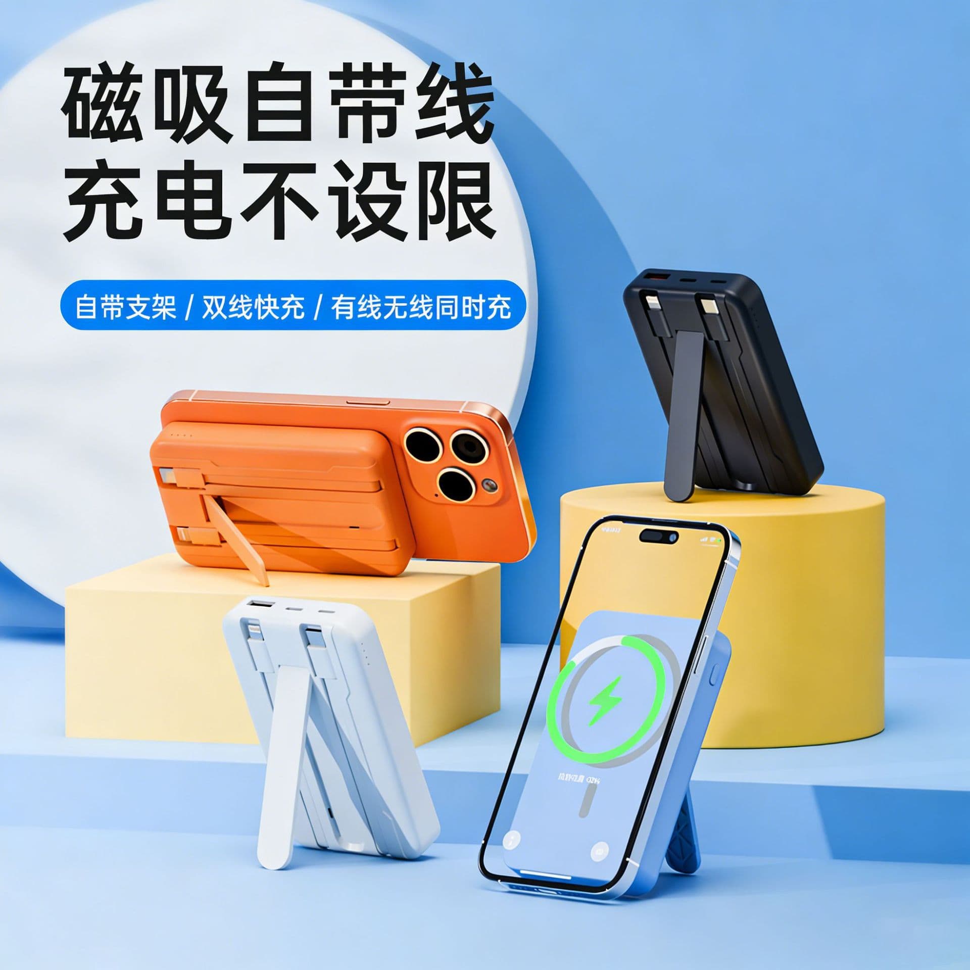 Cross-border Magsafe Magnetic Wireless Charging Power Bank Stand 10000mAh with Built-in Cable Fast Charging Mobile Power Bank Custom