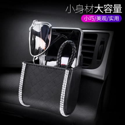 Car Vent Storage Bag with Rhinestones, Leather Multifunctional Organizer Box, Lamb Skin Vent Pocket