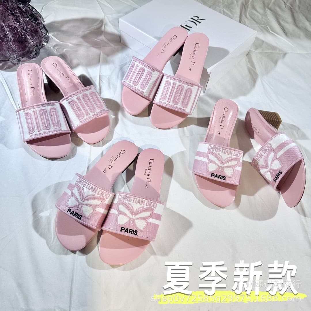 D Brand 2025 New Thick Heel Letter Bow Women's Versatile Casual Simple Beach Vacation Slide Sandals
