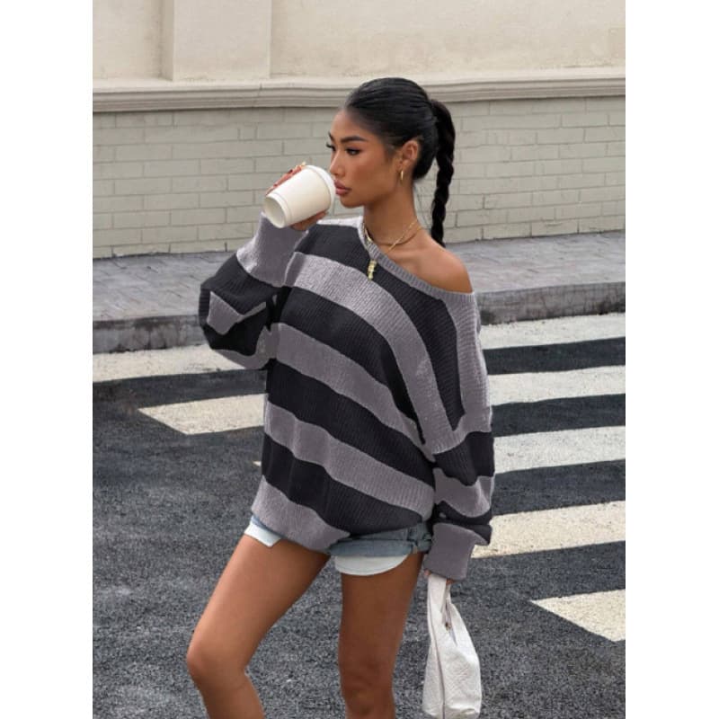 Cross-border temu European and American trendy striped design sweater autumn and winter loose casual pullover knitted long sleeves