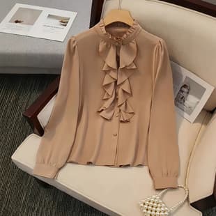 Women's Ruffled Round Neck Solid Elegant Blouse, New Style for 2026, Cross-border Amazon/AliExpress Europe & USA