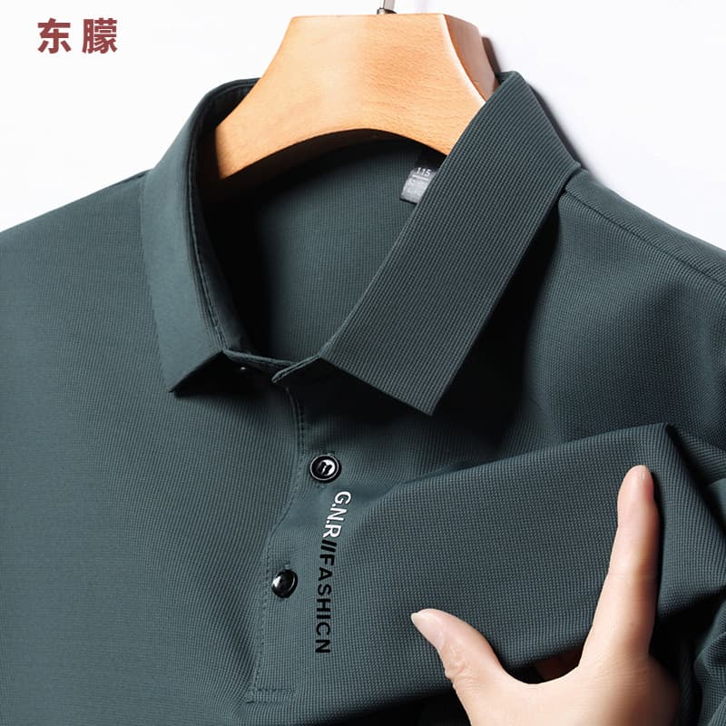 Trendy Men's Short-Sleeve T-Shirt Summer New Arrival Solid Color Placket Embossed Business Casual Turn-Down Collar Half-Sleeve Top