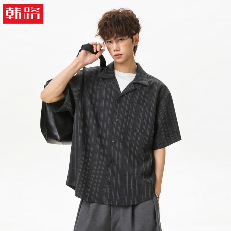 Vintage Old Money Style Cuban Collar Striped Short Sleeve Shirt for Men Summer Draped Loose Cleanfit Casual Shirt