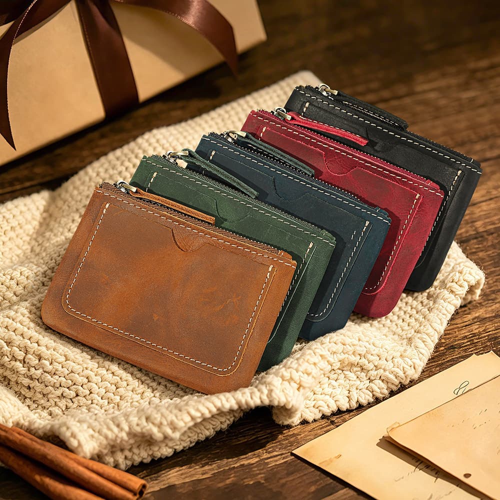 Cross-border Vintage Crazy Horse Leather Zipper Card Holder Card Case Unisex Wallet leather card holder