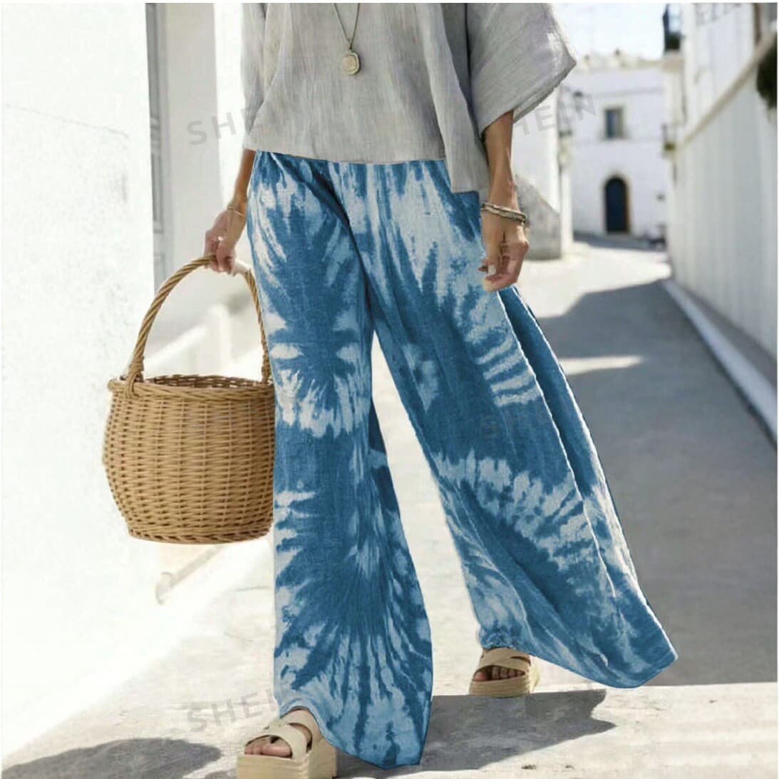 Tie-dyed wide-leg pants for women, linen loose casual trousers, vacation style fashionable casual suits, new summer wear