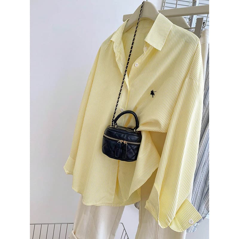 Cross-border Plus Size Women's Polo Collar Striped Shirt with Pony Embroidery, Loose and Relaxed Long Sleeve Sun Protection Shirt