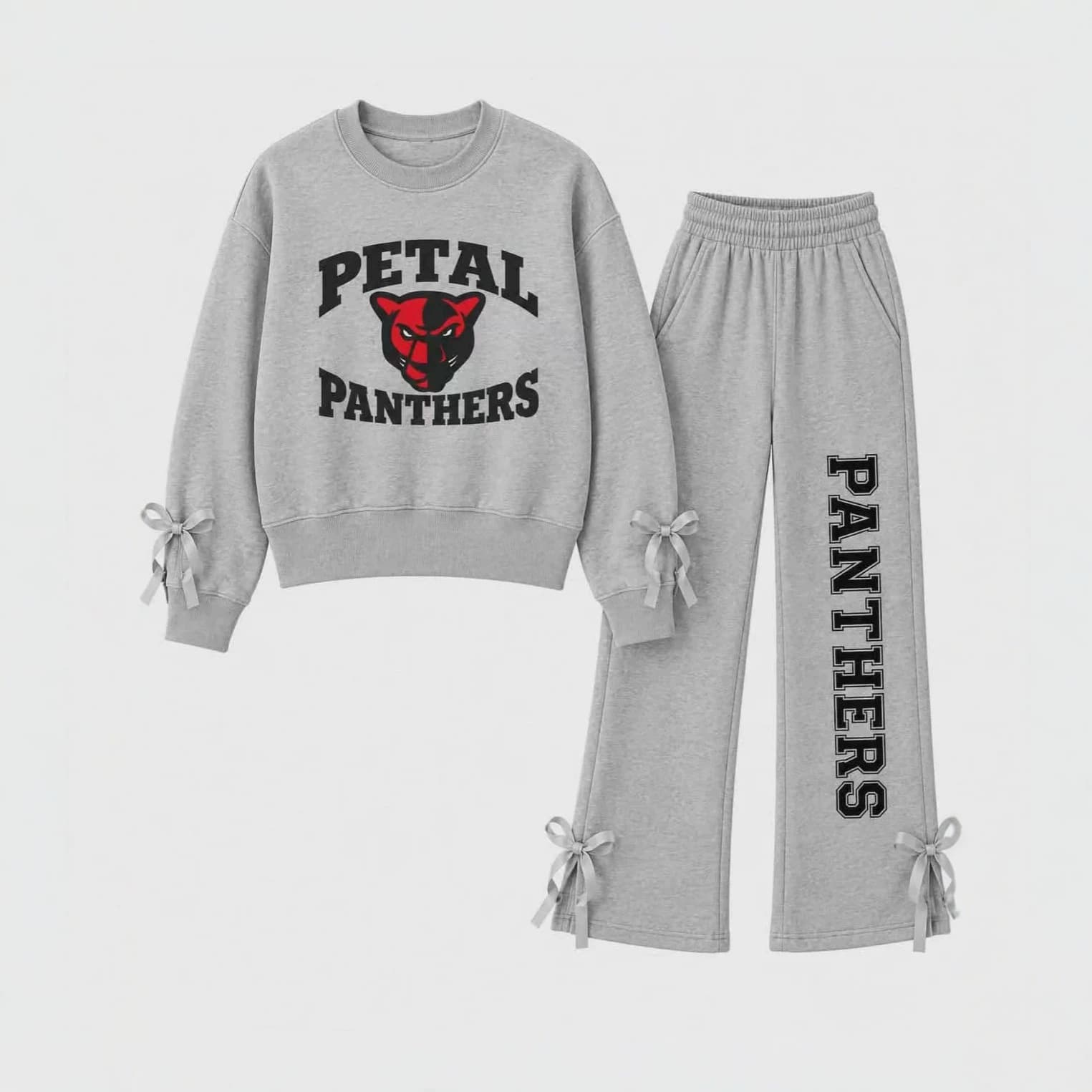American Retro PANTHERS Black Panther Girls Set Bow Cropped Hoodie High Waist Slightly Flared Sweatpants Two-Piece