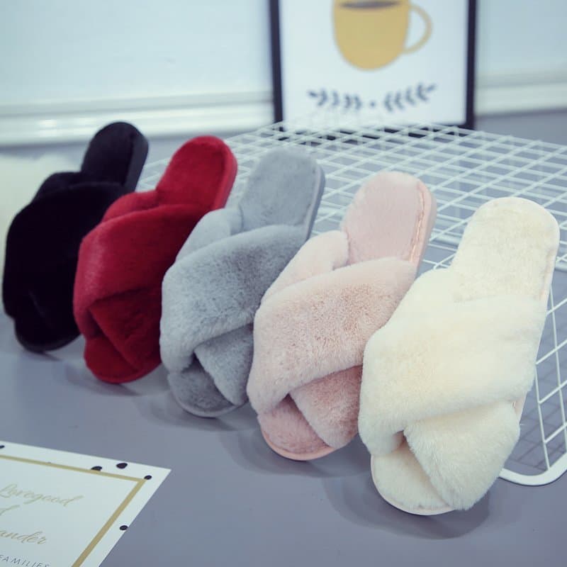 Cross furry slippers for women winter foreign trade Amazon 43 large size home plush open toe warm sewn cotton slippers wholesale