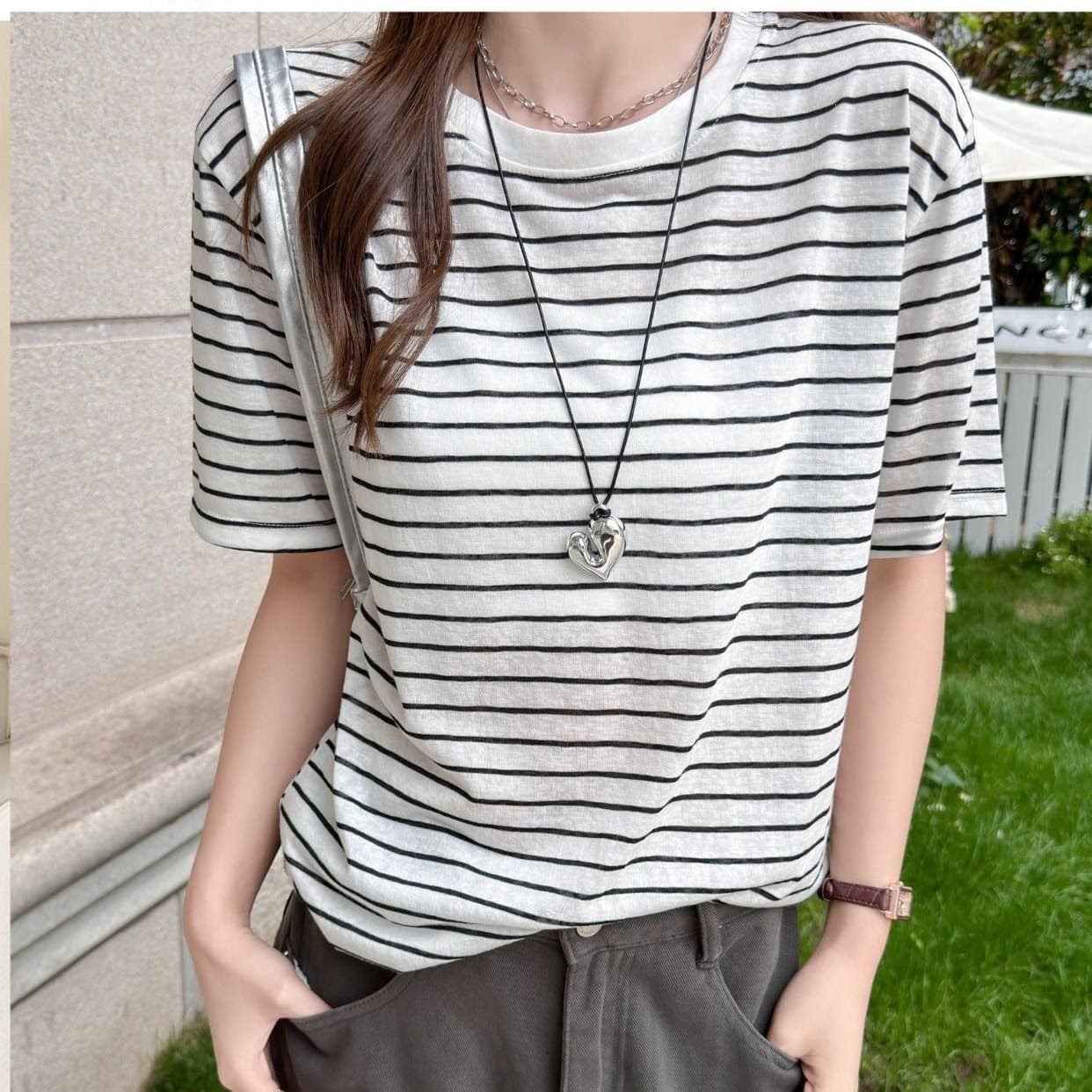 Striped Short Sleeve Summer Women's Snowflake Cotton Breathable Loose Fit T-Shirt Plus Size Tencel Round Neck Slimming Top
