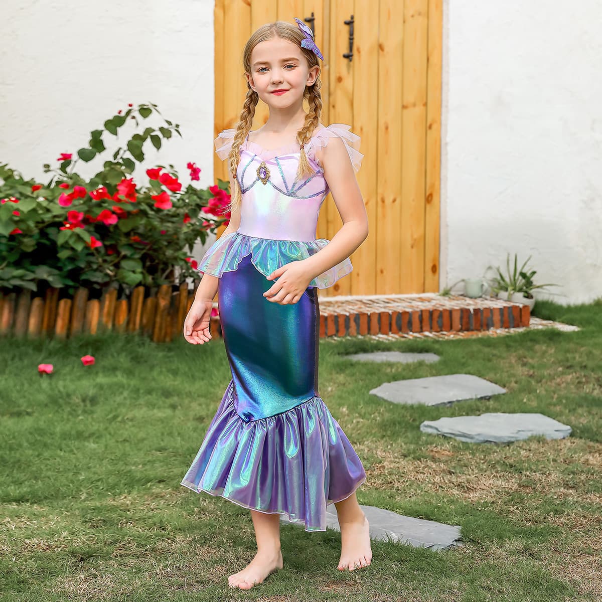 Girls Mermaid Princess Dress Kids Ins Style Mermaid Color Small Flutter Sleeve Dress Party Children's Day Outfit