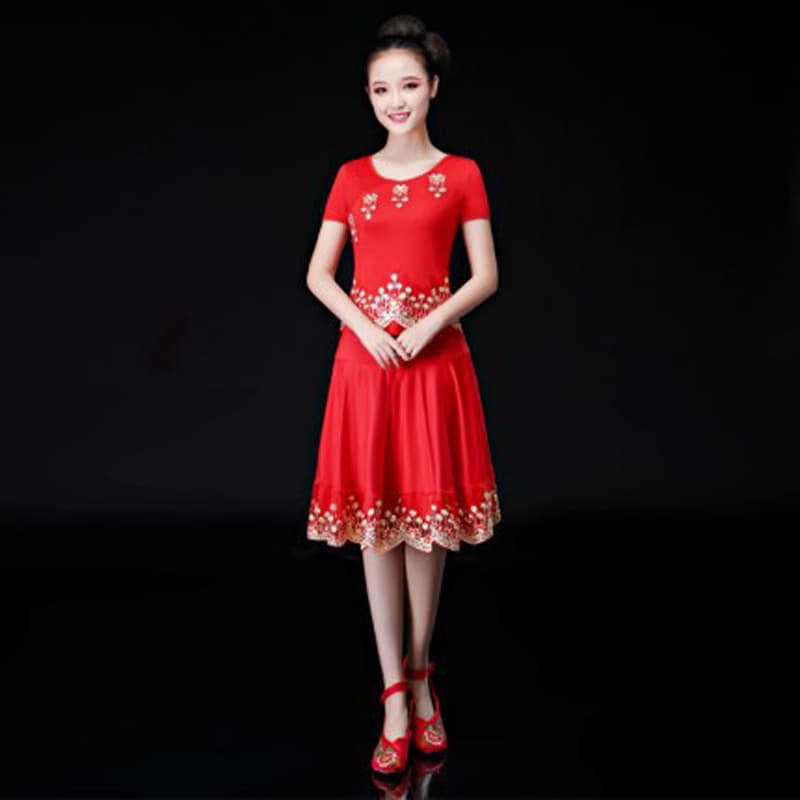 Elastic Fabric Bright Red Sequin Classic Yangko Dance Square Dance Middle-Aged and Elderly Fitness Sport Competition Clothing