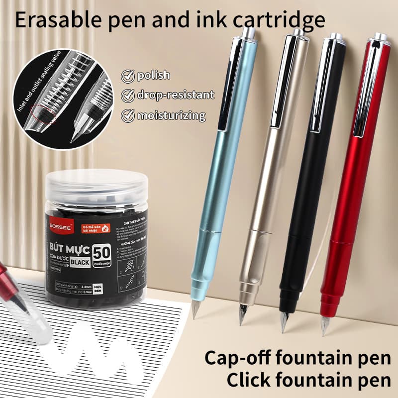 Bossee Vietnam Edition Retractable Fountain Pen, Refillable, Durable, Moisture-Proof, Student Writing Correction, Erasable