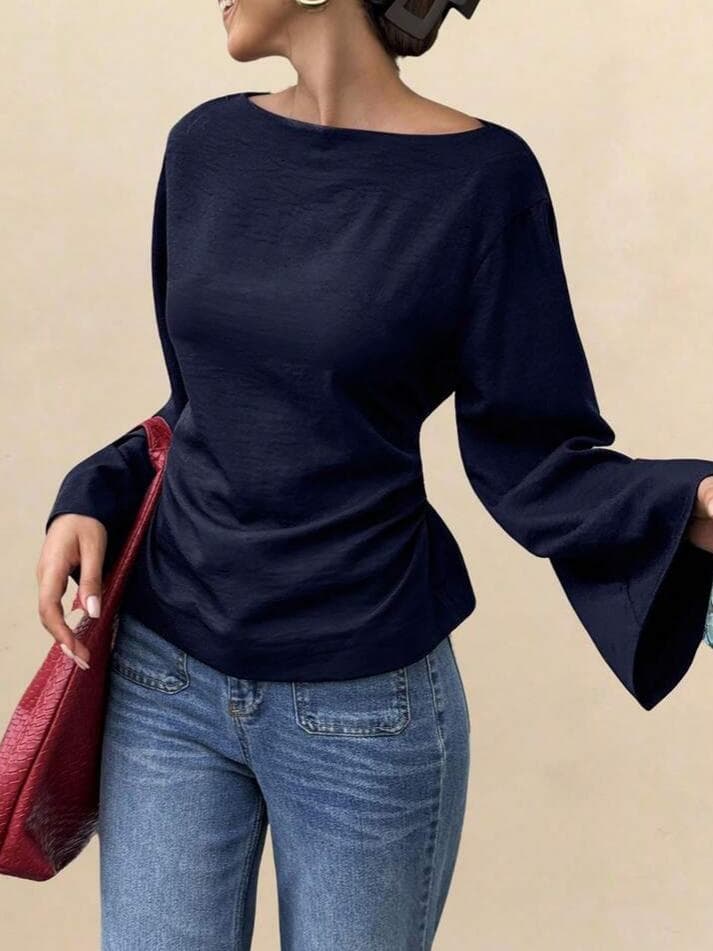 Cross-border AliExpress Wish Amazon European and American Solid Color Back Tie Flared Sleeve Shirt T-Shirt Long Sleeve Fitted Waist