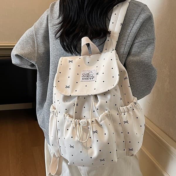 Bow knot polka dot drawstring backpack for women, college style, college student commuter school bag, leisure travel, forest style small backpack