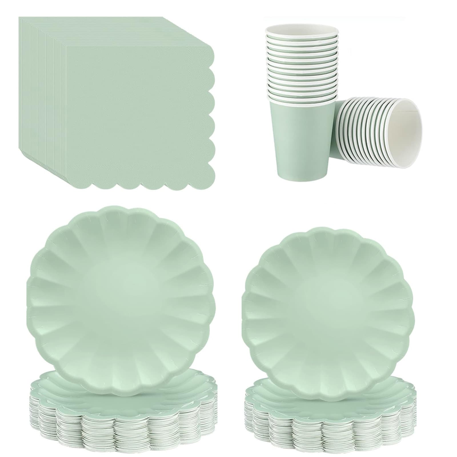 Light Green Wavy Edge Irregular Shell-Shaped Tableware Disposable Glossy Food-Grade Paper Plates Cups Napkins Wedding Birthday