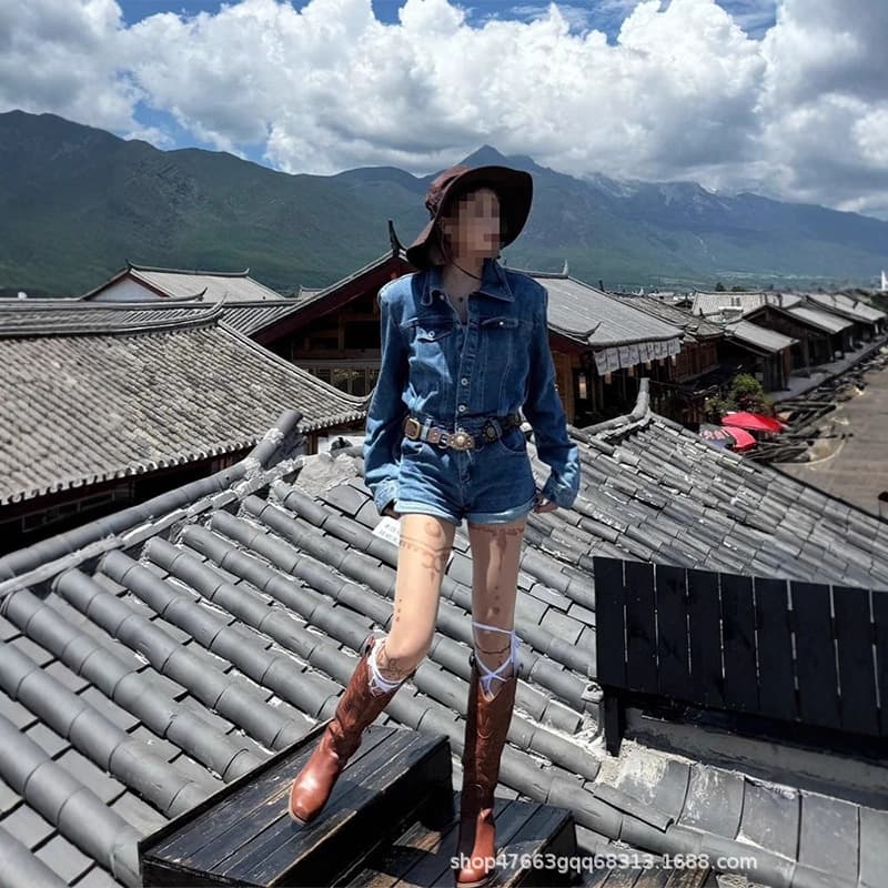 Hong Kong style retro denim jumpsuit for women spring waist polo collar jumpsuit loose straight one-piece shorts