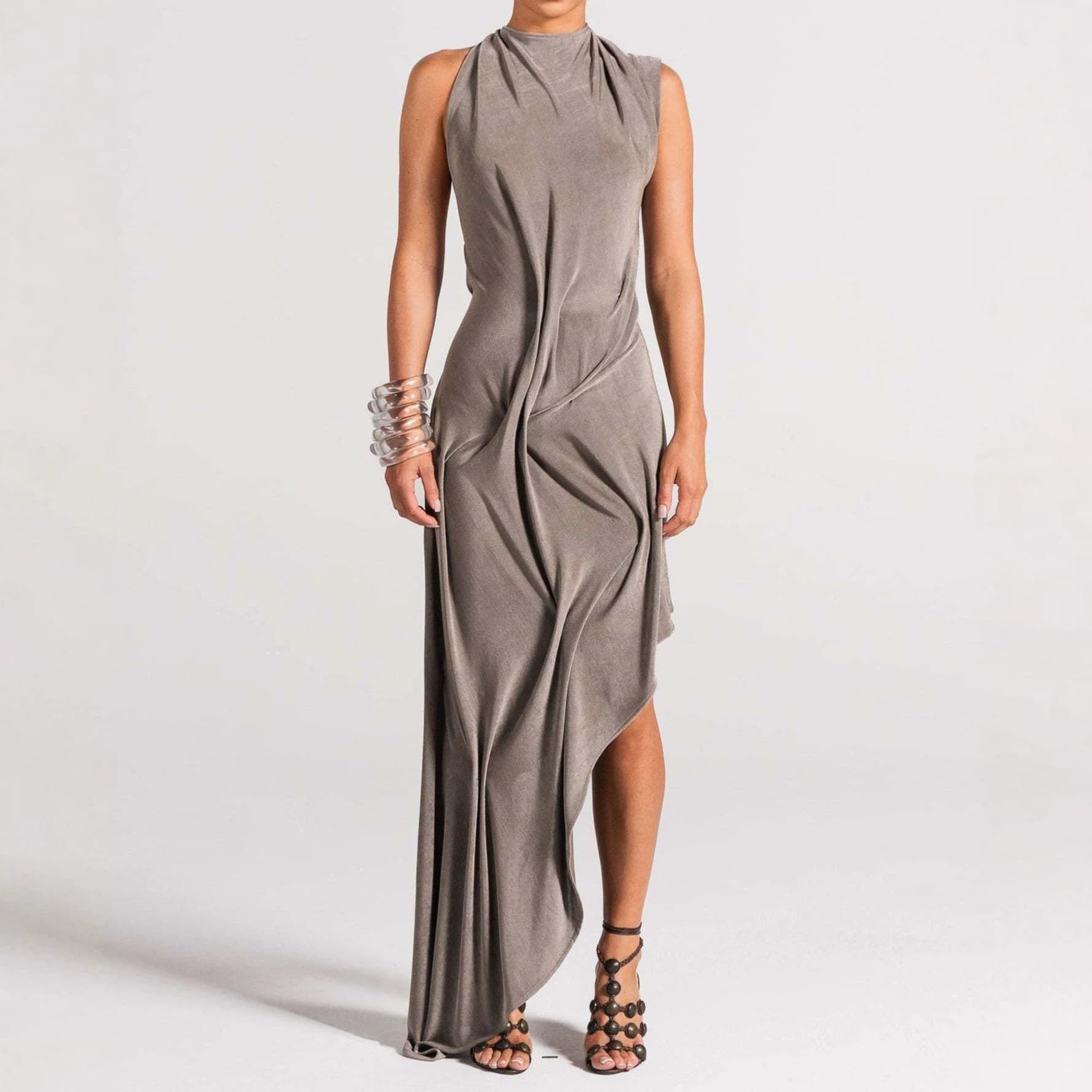 Spot cross-border European and American celebrities' fashionable temperament backless slimming irregular skirt knitted waist long dress