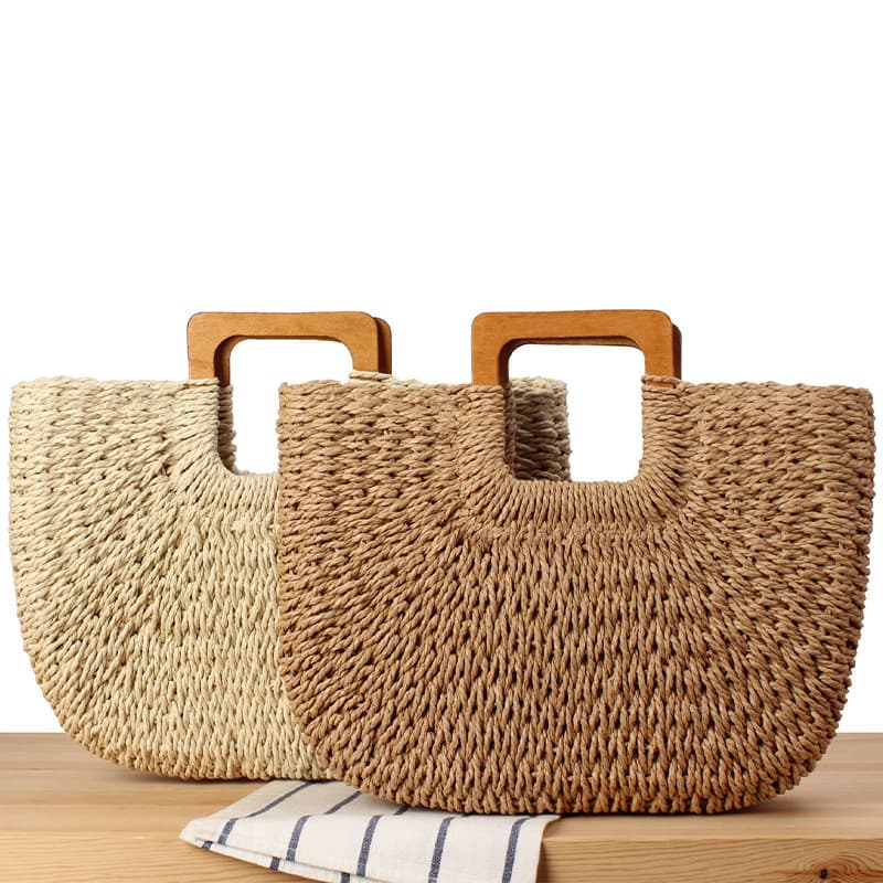 Dropshipping New Wooden Handle Minimalist Handmade Woven Bag Summer Beach Bag Mori Style Large-Capacity Paper Rope Woven Bag