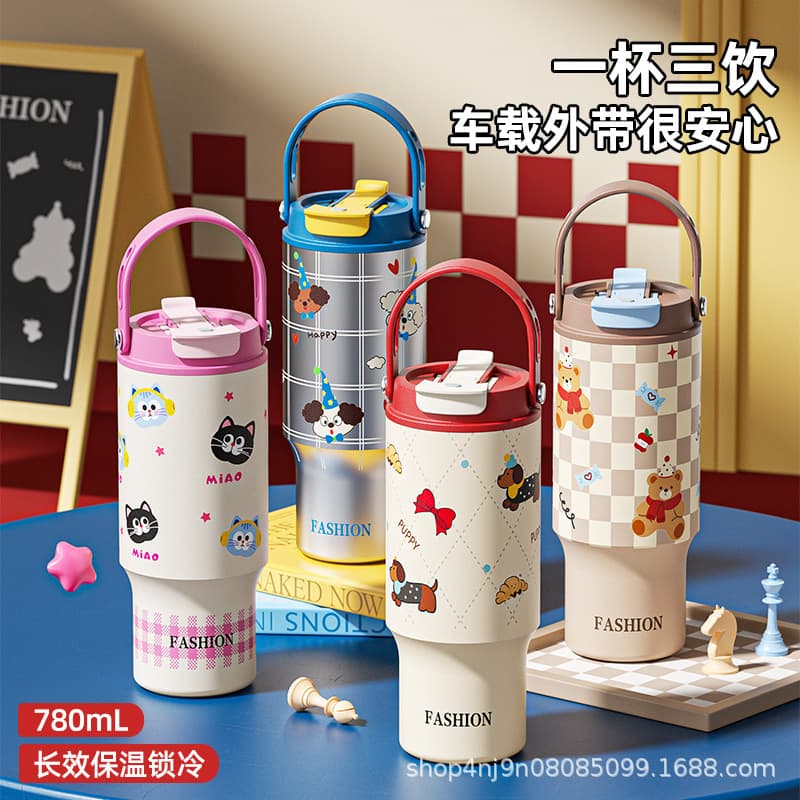 780ml High-Gloss Handle Ceramic-Lined Insulated Tumbler with Dual-Drink Straw, Car-Friendly Minimalist Ins Style Ice Tumbler