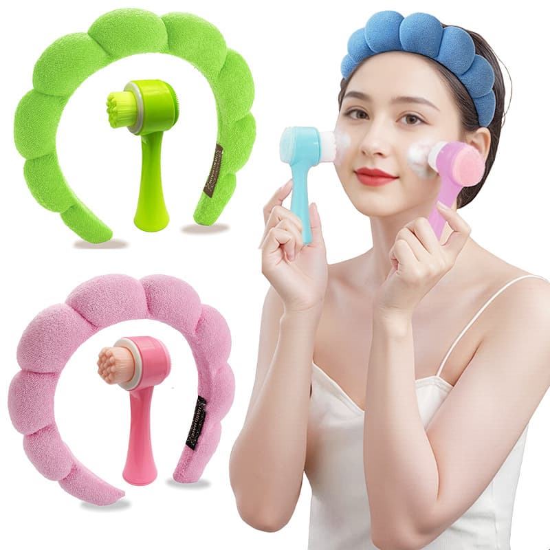 Face Cleansing Brush Headband Set with Twisted Sponge Headband, Silicone Face Wash Massage Tool, Beauty Device Gift Box