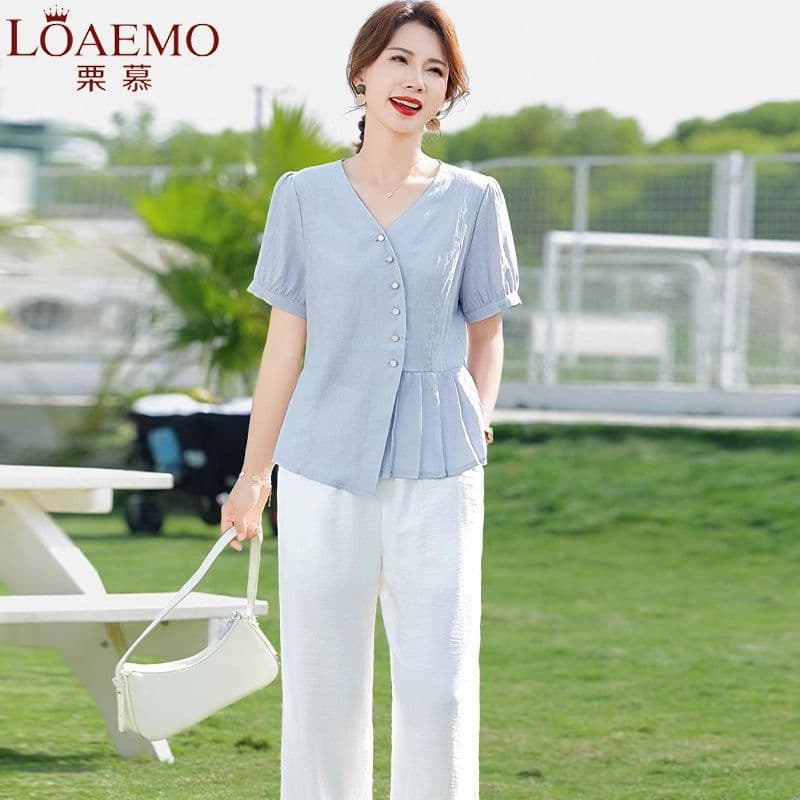 Middle-aged Mother Summer Short Sleeve T-Shirt Set, Women's Fashionable Blouse Two-Piece Set