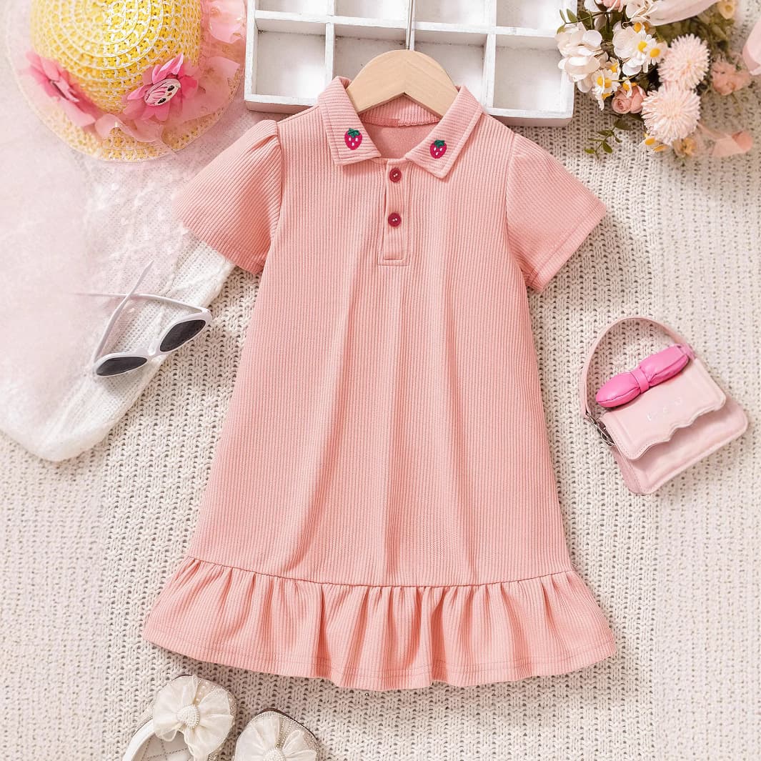 2025 Summer Girls Dresses Sweet and Cute Pink Strawberry Pattern Polo Neck Short Sleeve A-Line Princess Dress