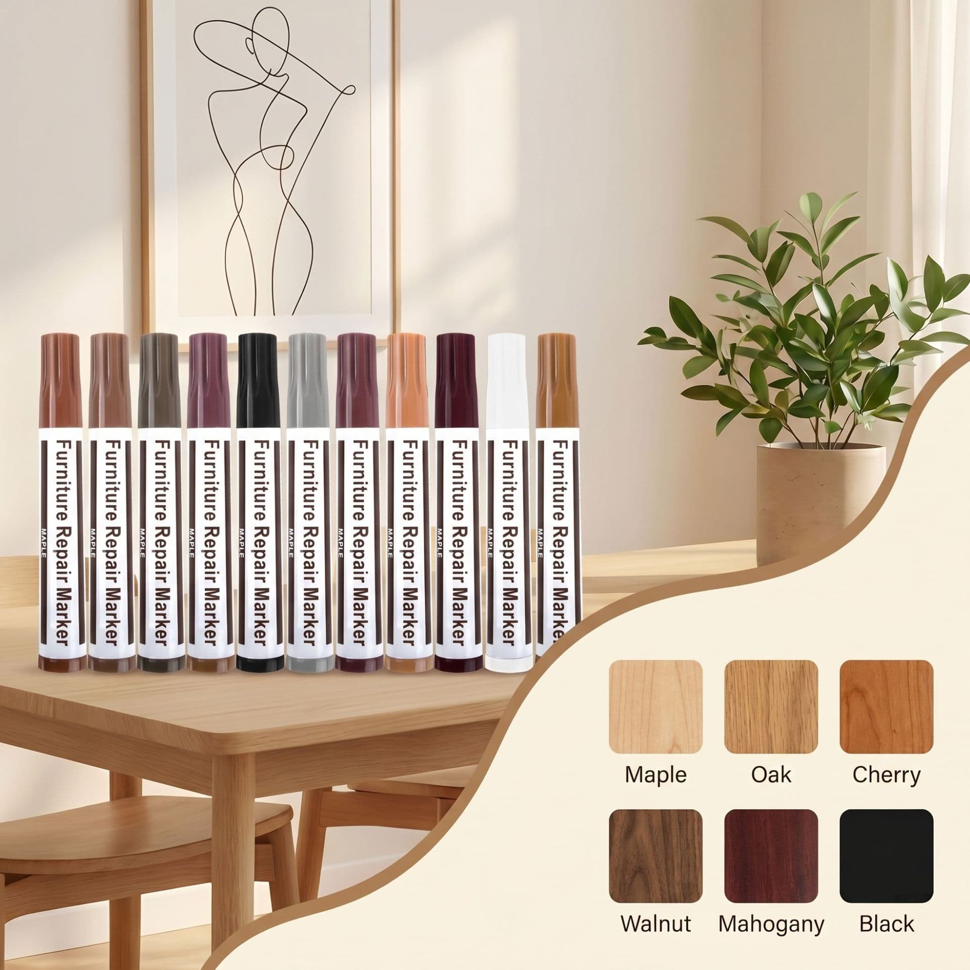 Furniture Touch-Up Marker Set for Solid Wood and Laminate Flooring Scratch Repair with Wood Grain