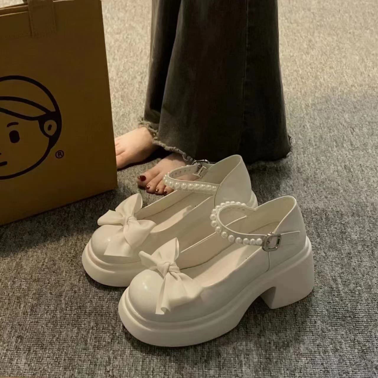 Mary Jane small leather shoes for women, thick-soled built-up sweet bow shallow single shoes, one-buckle British style women's shoes