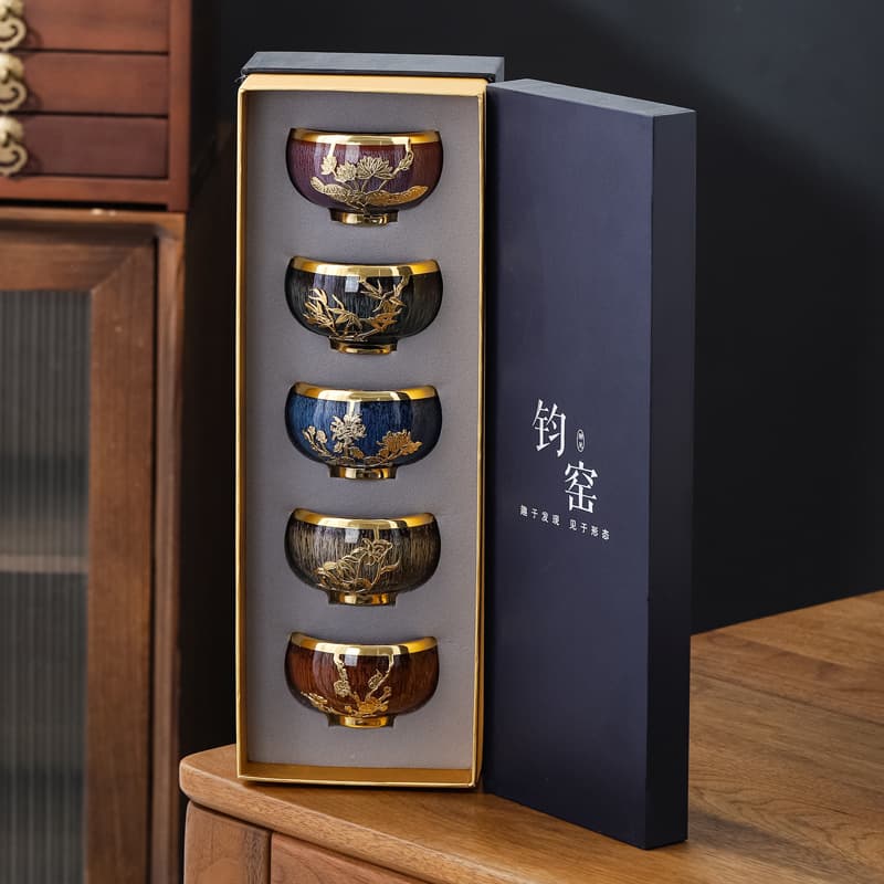 Gold-Inlaid Jade Five Elements Kiln Transformation Master Cup Personal Use Premium Ceramic Handcrafted Large Tea Tasting Cup Gift Box Set