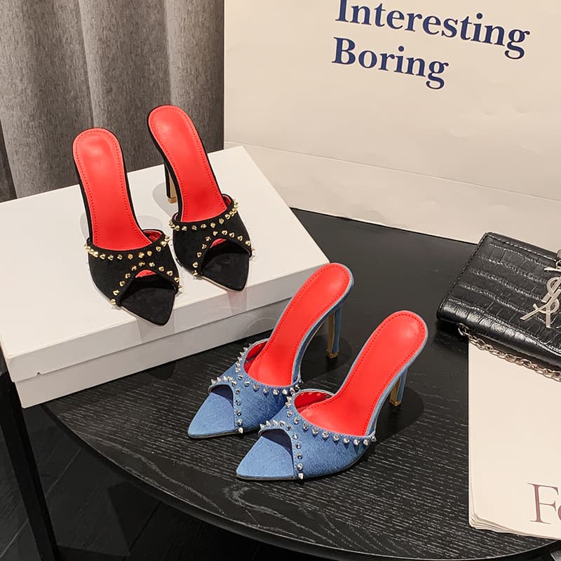 Size 35-42 High Heels for Women 2025 New European and American Roman Sexy Rivet Denim Stiletto Fashion Sandals and Slippers