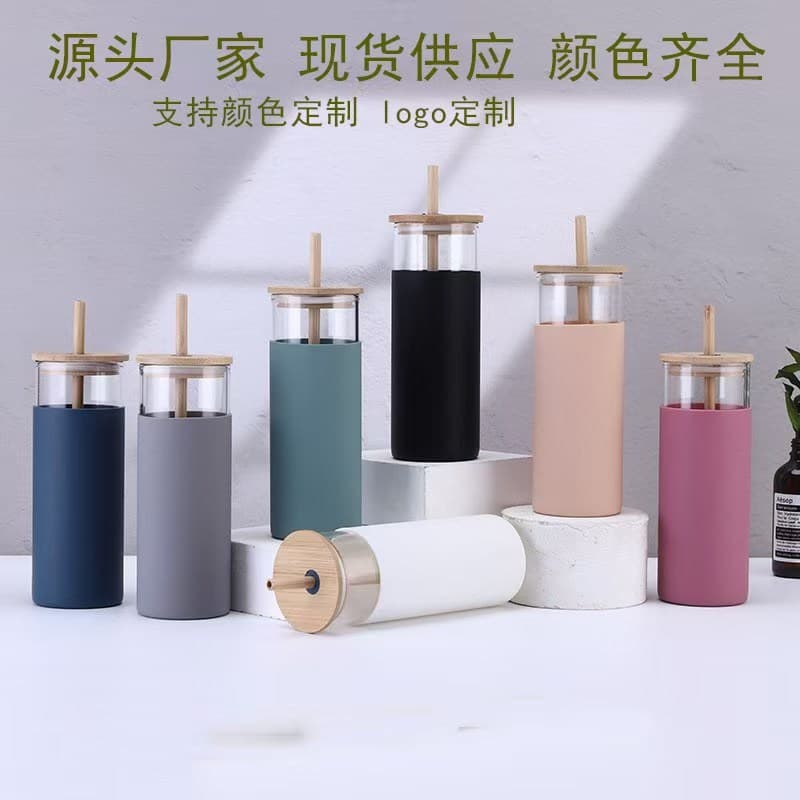 Amazon Cross-border Glass Straw Cup with Bamboo Lid, Silicone Sleeve, Insulated Glass Cup Wholesale, Logo Printing Available, Heat-Resistant Water Cup