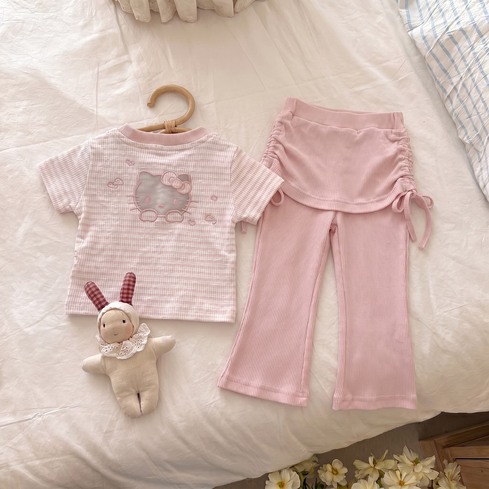 Girls Summer Pink Set Baby Sweet Pink Backless Cartoon KT Cat Short Sleeve Top Versatile Hip Skirt Pants
