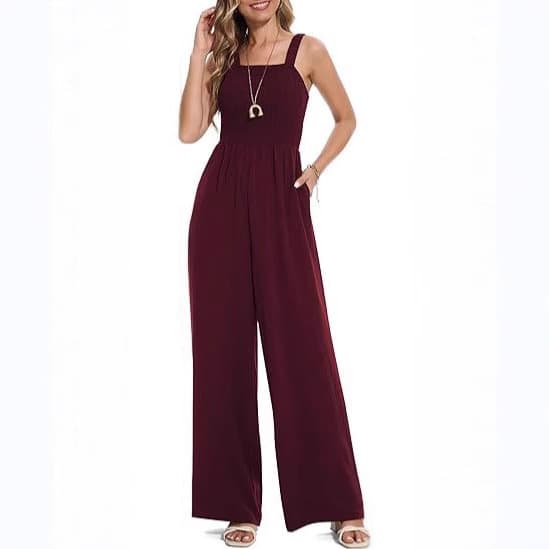 2025 Cross-Border Bestseller Women's Summer Casual Shirred Jumpsuit Square Neck Work Romper Sleeveless Wide Leg Pants