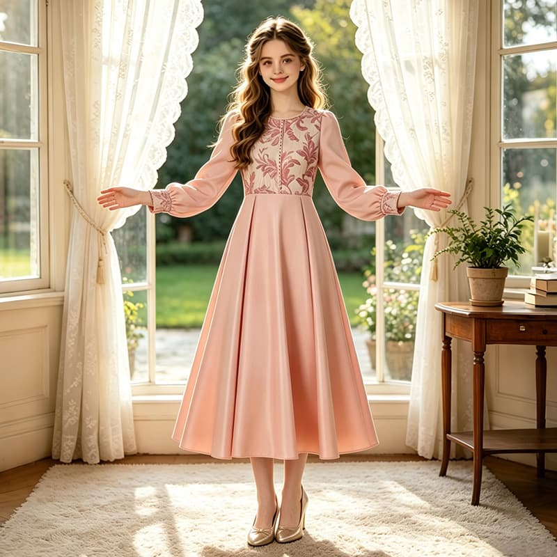 European and American New Style Youth Long Gown Evening Dress, Big Children's Long Dress, Girls' Formal Dress, Princess Dress, Long-Sleeve Brocade Dress