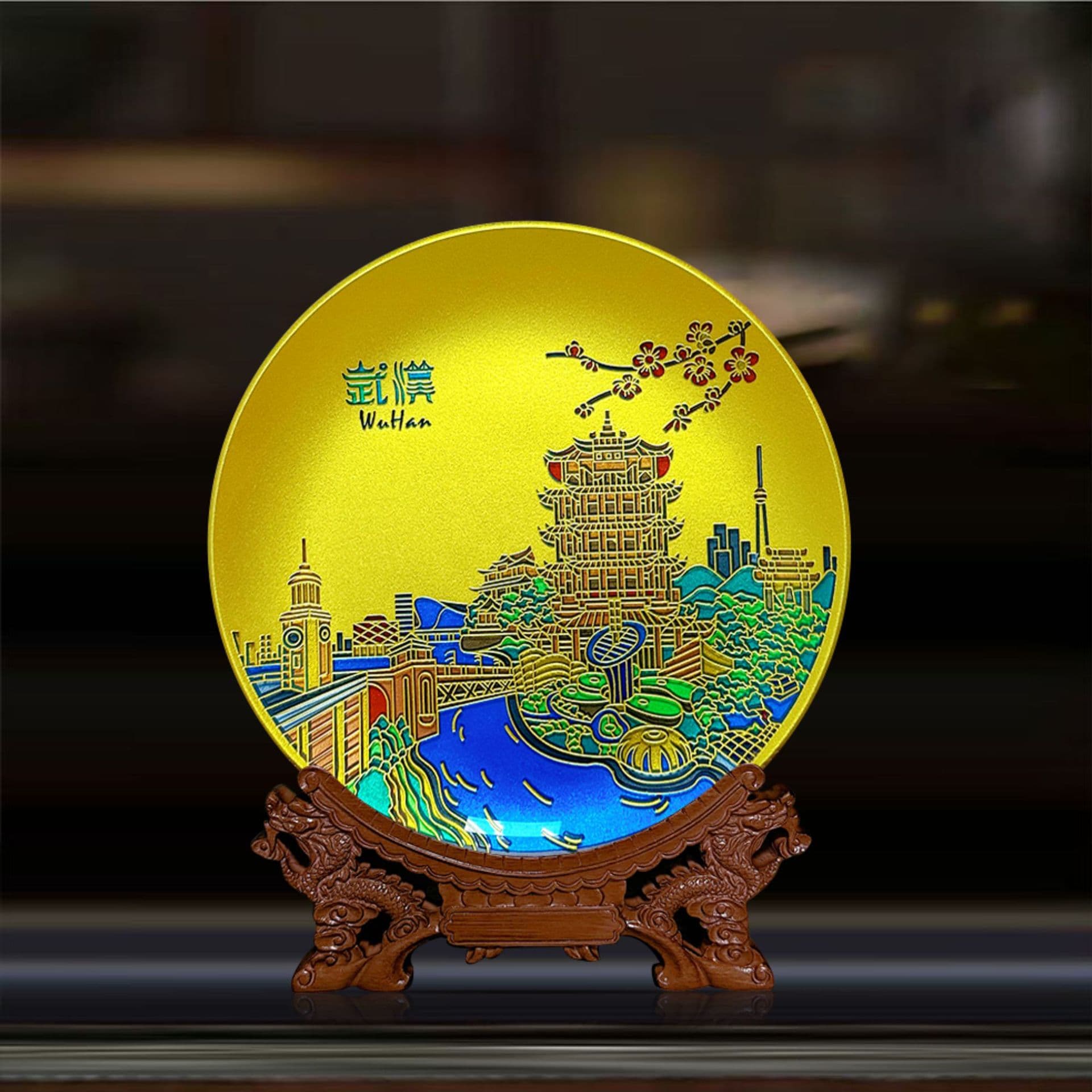 Baifu Ten-Year Crafted Hubei Cityscape Scenic Spot Souvenir, Yellow Crane Tower Crystallized Glass Round Plate Crystal Carving Colored