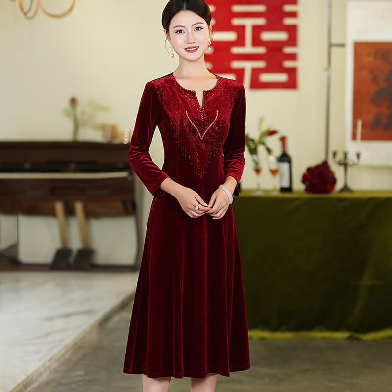High-end Mother of the Groom Wedding Dress, Gold Velvet Red Plus Size Flared Autumn Winter Stylish Dress