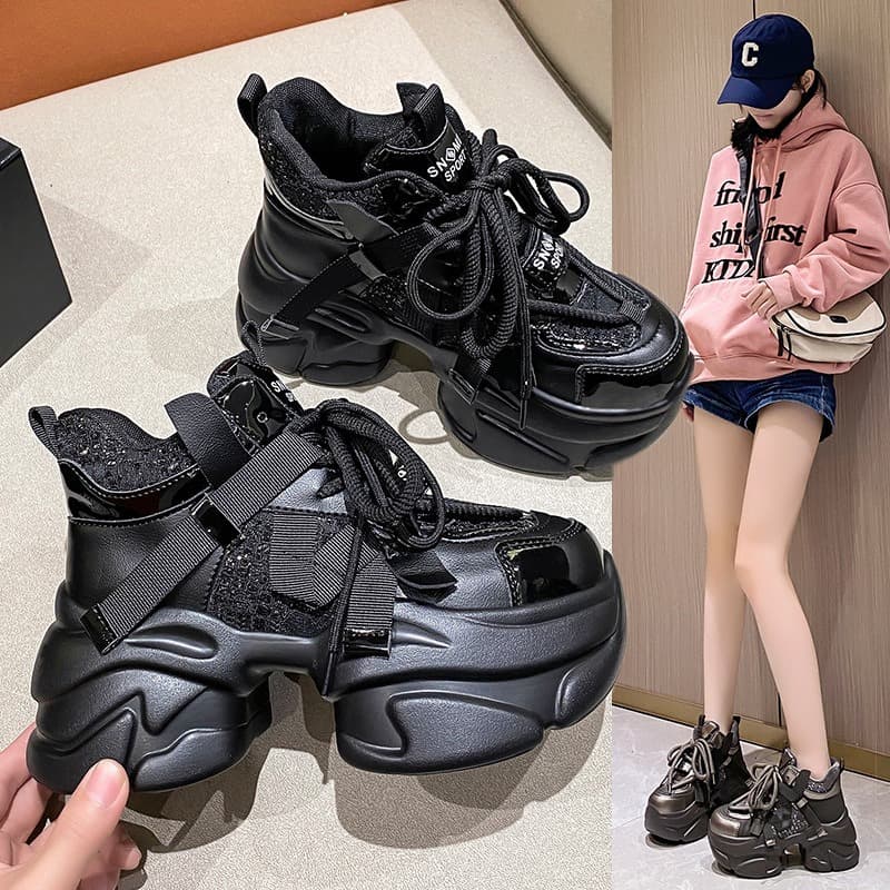Winter Fleece-Lined Women's Shoes, Polyurethane Thick Sole Dad Sneakers, 2024 Fall/Winter New Style, 8CM Height-Increasing Casual Sports Shoes
