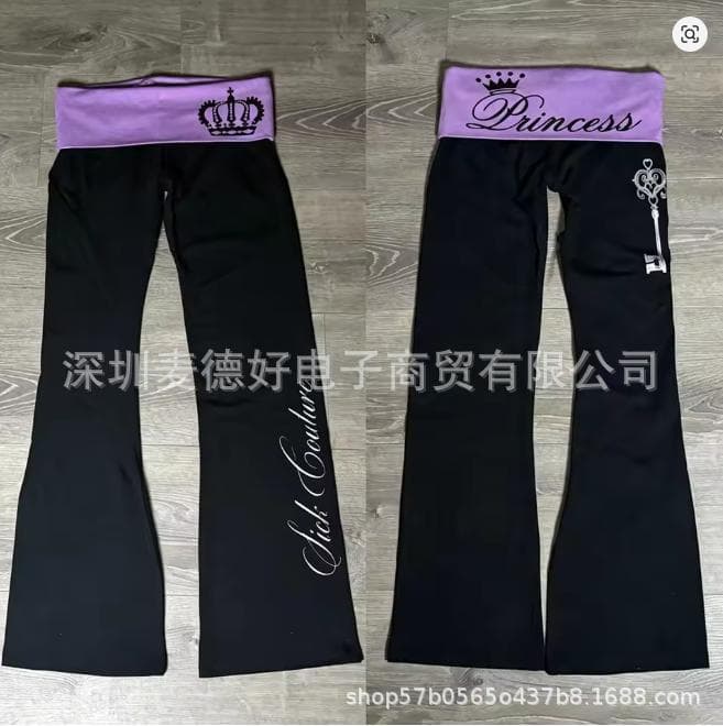 Y2K Millennium Princess Crown Print Hot Girl Flare Pants Low Waist Contrast Color Splicing Pink Women's Slim Casual Pants